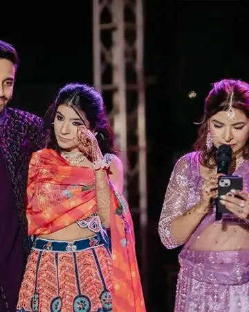 An emotional moment for the couple as Anu Manocha hosts their sangeet